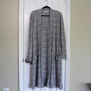 A&F Gray Striped Long Cardigan with Pockets